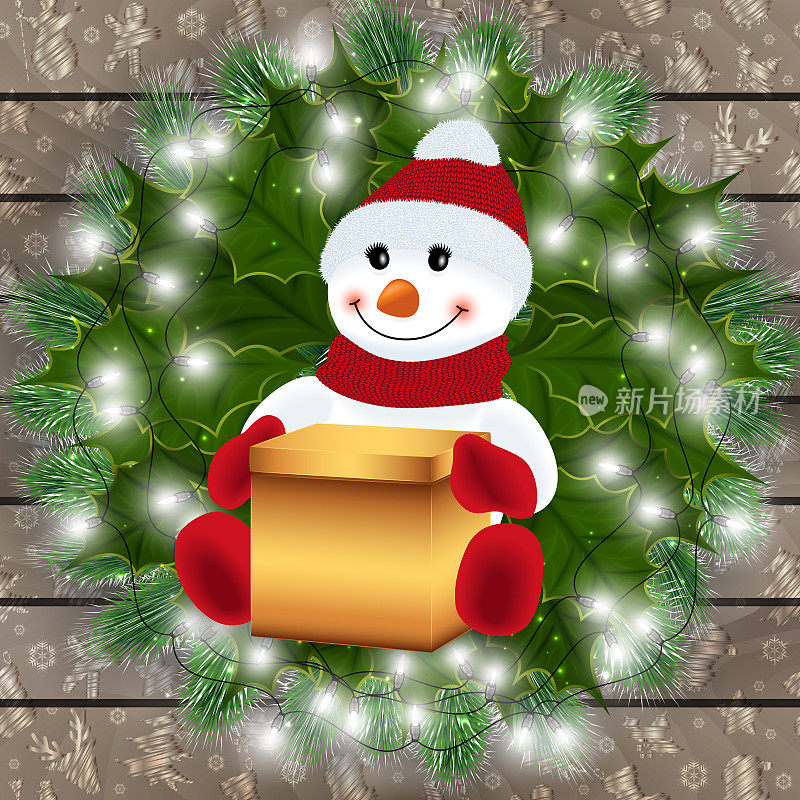 Snowman with gift box and festive decoration